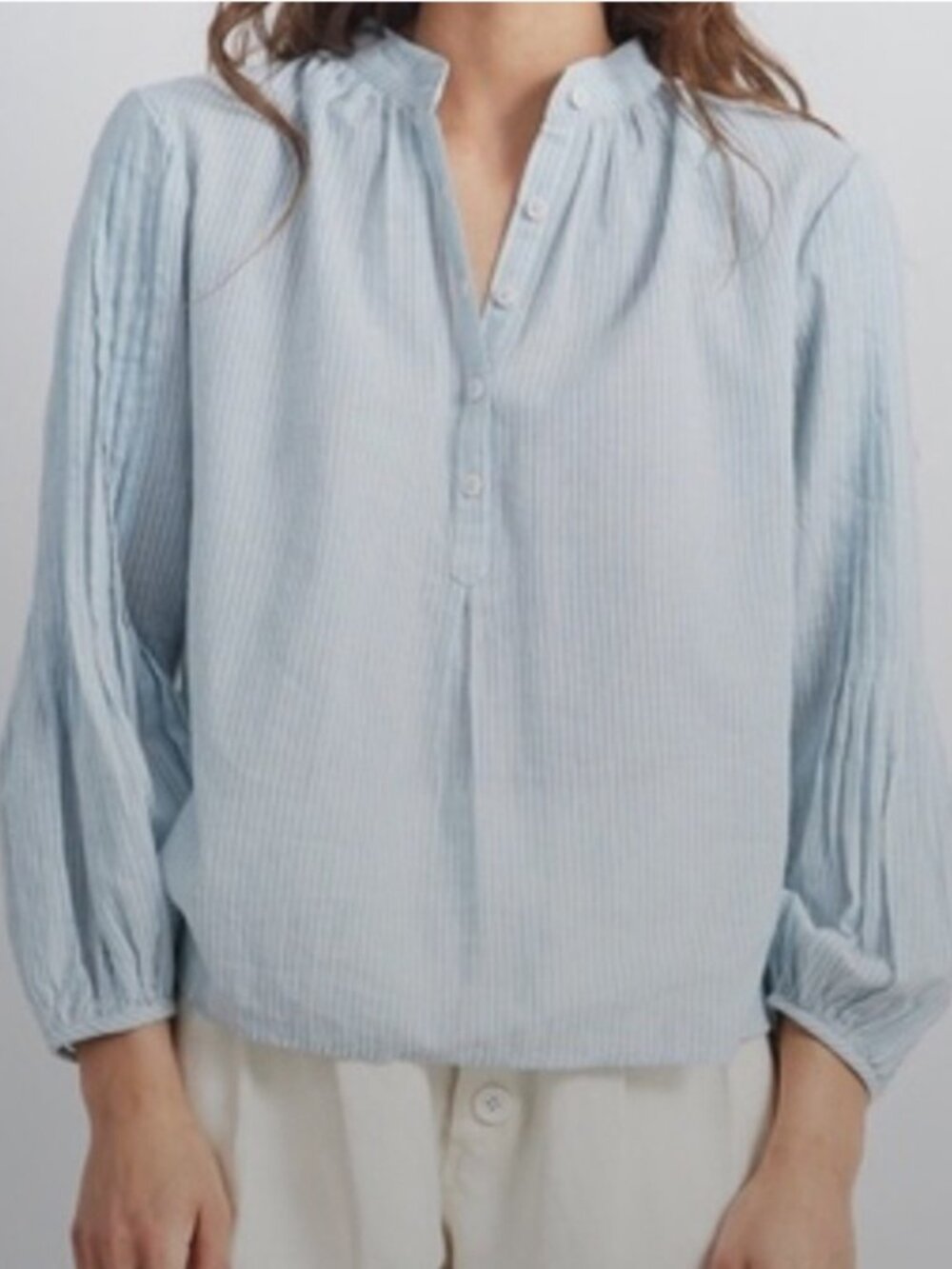 Apiece Apart Nuevo Bravo Blue Striped Gauzy Pleated Popover Blouse Top 4